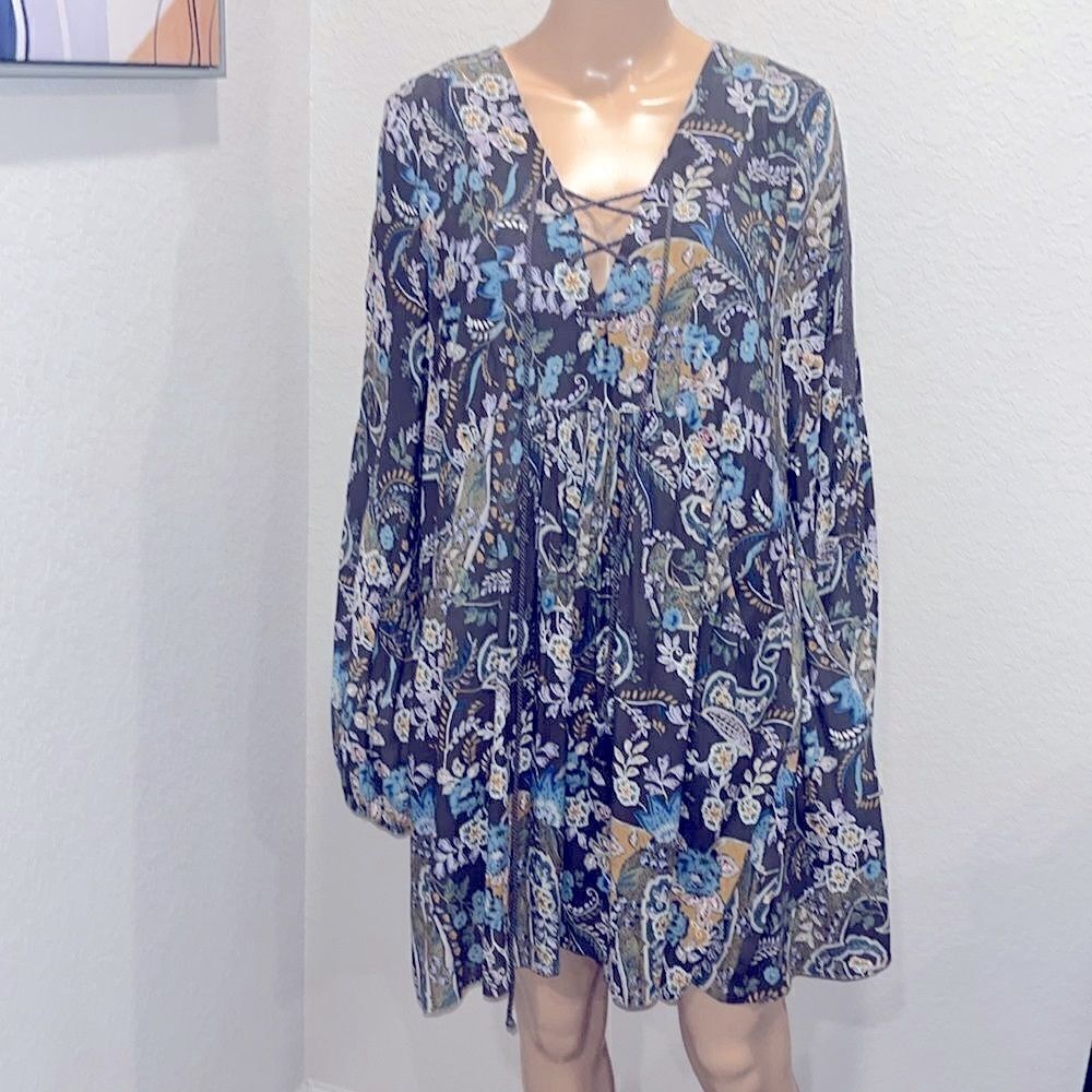Free people grey & sage green flora pocketed dress, oversized fit.